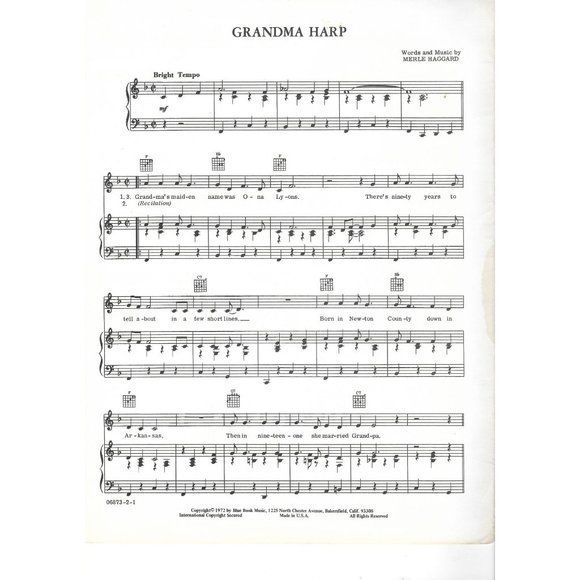 Grandma Harp Merle Haggard Sheet Music 1972 Blue Book Hansen Vocal Piano Guitar - Picture 3 of 3
